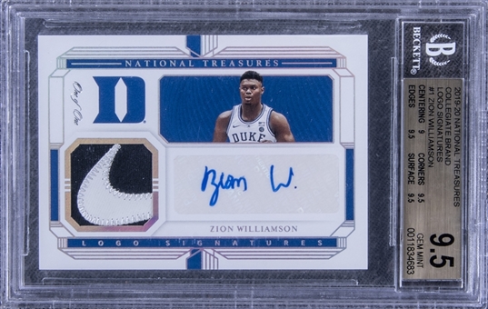 2019/20 National Treasures "Collegiate Brand Logo Signatures" #1 Zion Williamson Signed Nike “Swoosh” Patch Rookie Card (#1/1) - BGS GEM MINT 9.5/BGS 10